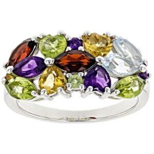 Beautiful Genuine Multi-Gemstone Ring Set in Sterling Silver - Size 7